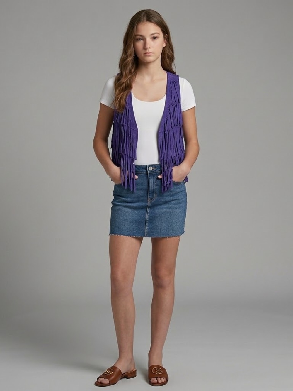 Forever 21 Purple Faux Suede Fringe Open Front Vest Size Large